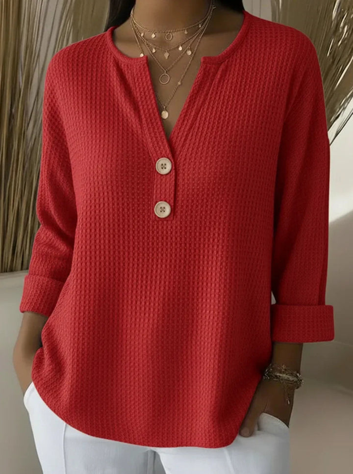 Women's waffle texture Henley shirt with V-neck, short button placket, and roll-up 3/4 sleeves Mune Fashion
