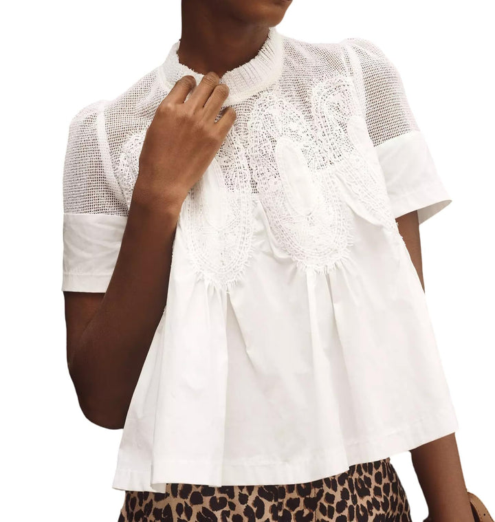 Ladies lace blouse top with stand-up collar, mesh insert and gathered A-line silhouette Mune Fashion
