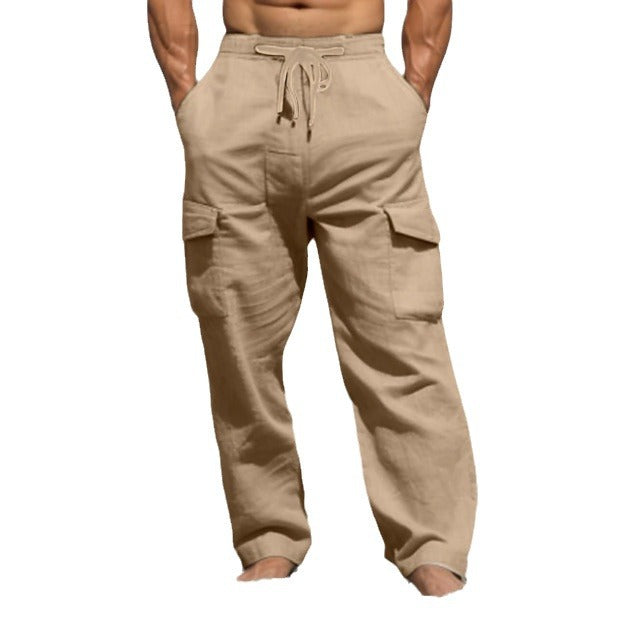 Men's relaxed-fit leisure cargo pants made of linen blend with tunnel drawstring waistband, flap pockets, and relaxed beach fit Mune Fashion