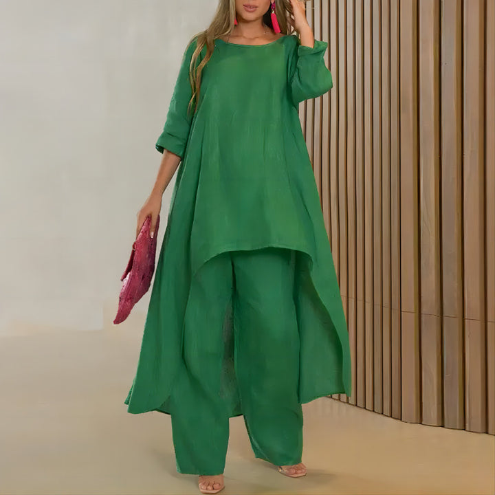 Women's oversized linen two-piece set with asymmetrical tunic and loose Marlene pants Mune Fashion