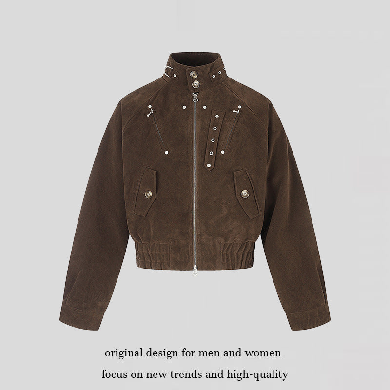 Women's short suede bomber jacket with high stand-up collar and metallic details Mune Fashion