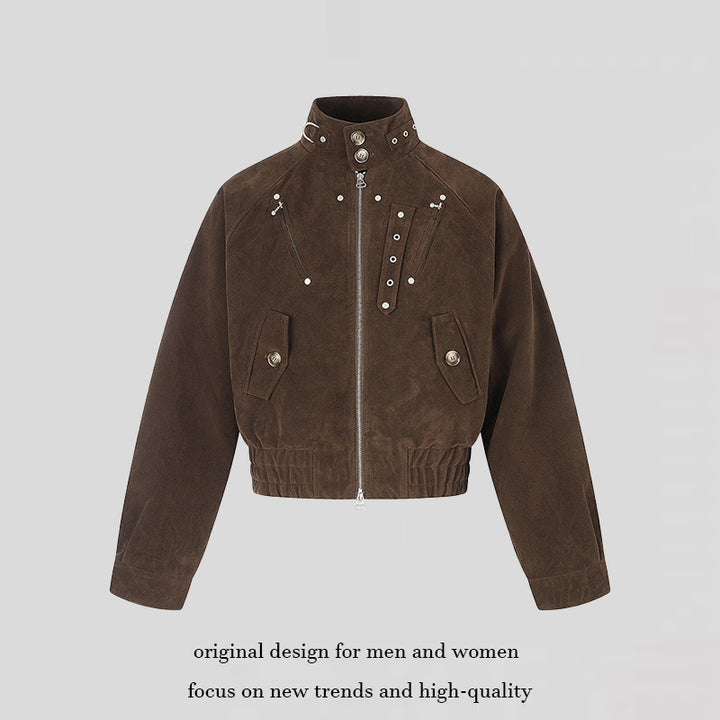 Women's short suede bomber jacket with high stand-up collar and metallic details Mune Fashion