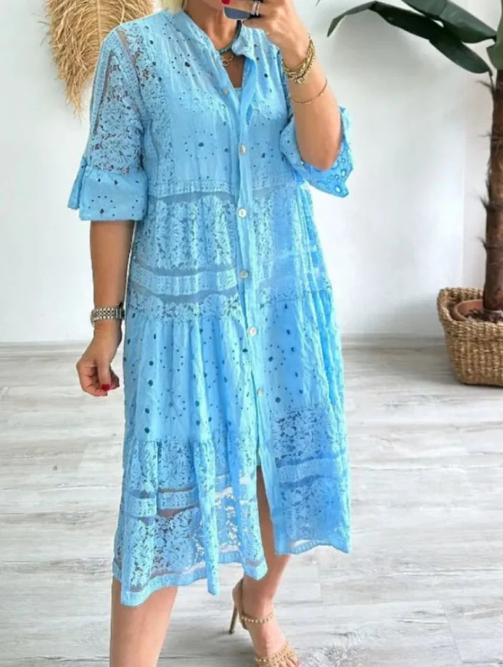 Women's shirt blouse midi dress with lace inserts, tiered skirt and full button placket Mune Fashion