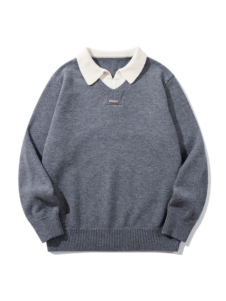 Men's Boxy Knit Sweater with Polo Collar and V-Inset Mune Fashion