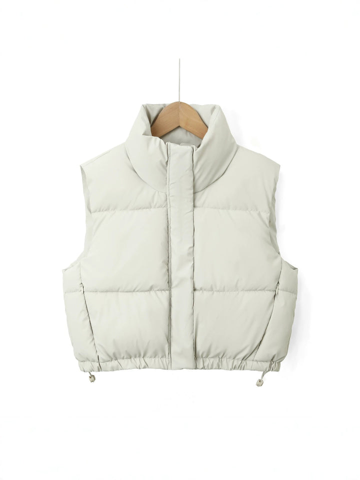 Women Padded Quilted Vest with High Stand-Up Collar and Drawstring Mune Fashion