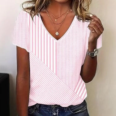Women striped V-neck blouse with asymmetrical stripe mix and short sleeves Mune Fashion
