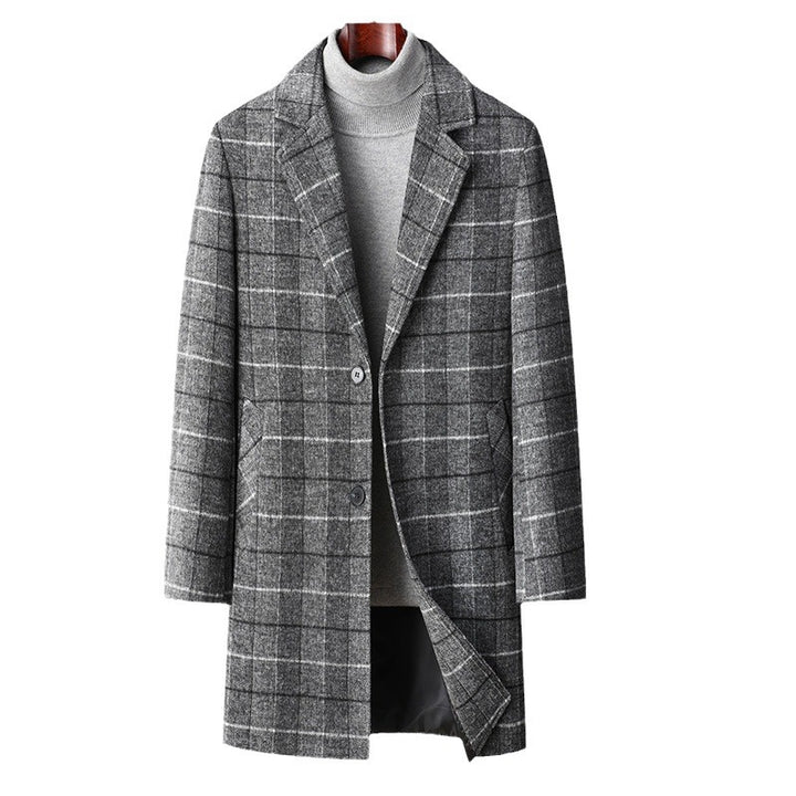 Men's Checked Wool Blend Short Coat with Slim Silhouette and Notched Lapel Mune Fashion