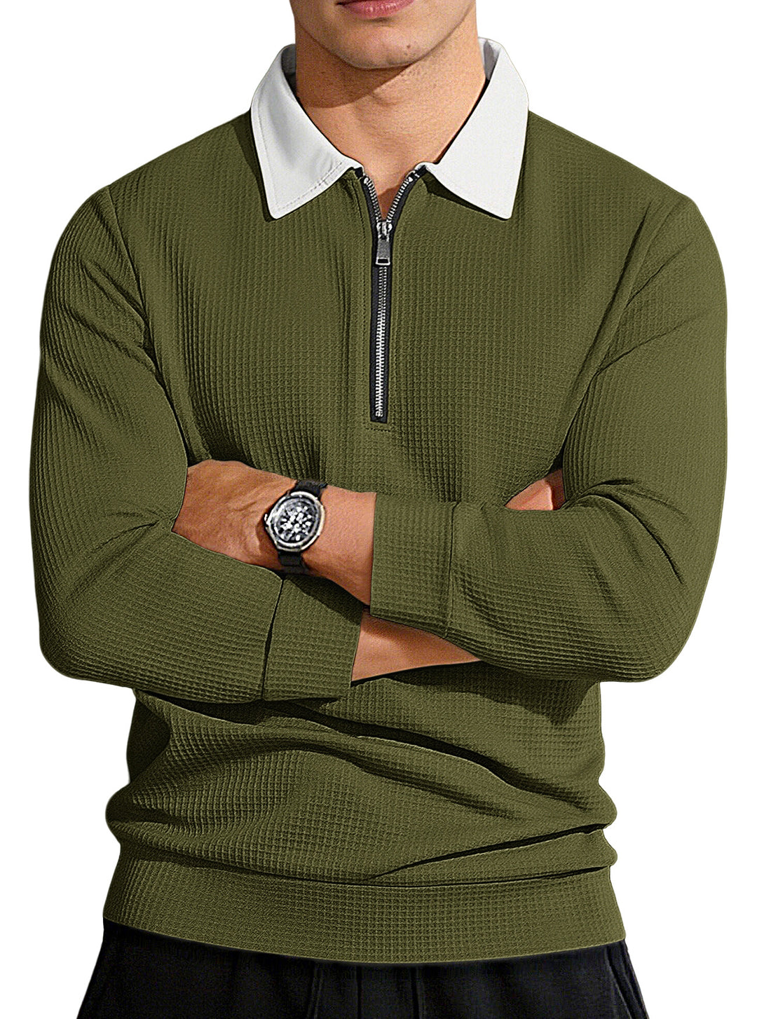 Men's structured waffle knit pullover with polo collar and short zipper Mune Fashion