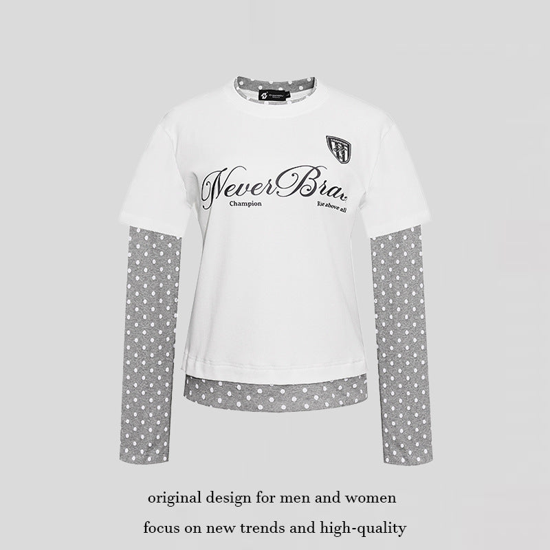 Women's Layered Long Sleeve Shirt with Polka Dot Inner Layer and Calligraphic Statement Print Mune Fashion