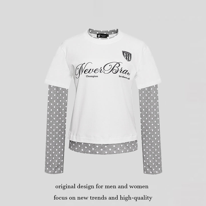 Women's Layered Long Sleeve Shirt with Polka Dot Inner Layer and Calligraphic Statement Print Mune Fashion
