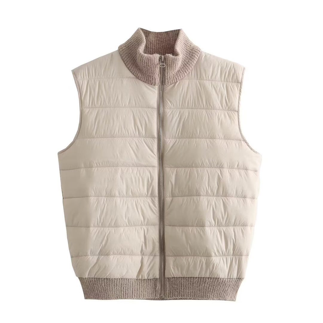 Women's Padded Quilted Vest with Knit Funnel Neck Mune Fashion