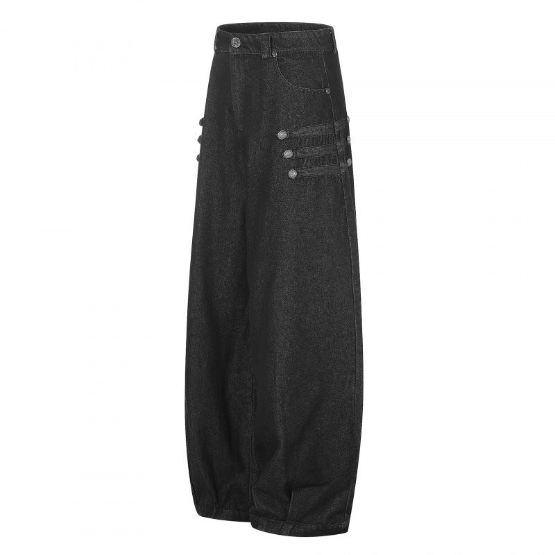 Women's high-waisted balloon jeans with wide leg, button detail and elastic hem Mune Fashion