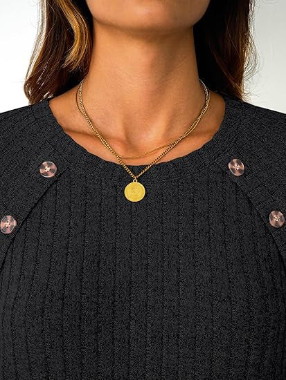 Women Ribbed Round Neck Sweater with Decorative Shoulder Buttons Mune Fashion