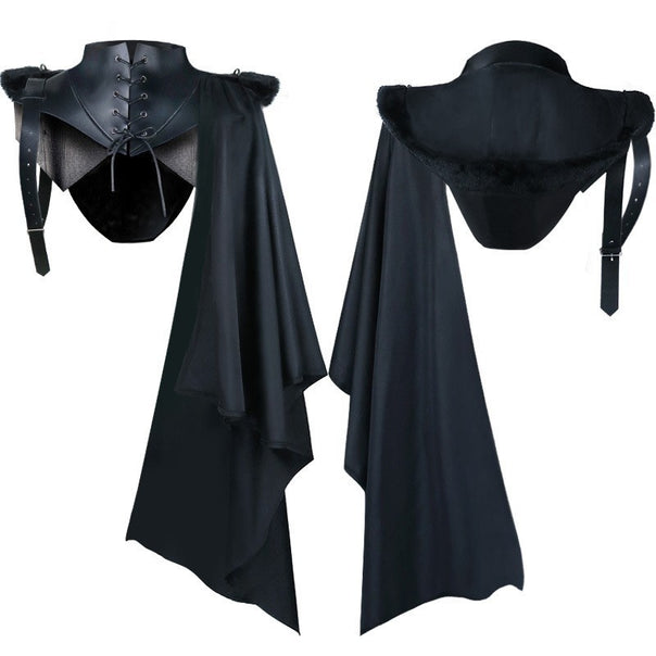 Unisex cape with shoulder plates, laced collar, faux fur trim, adjustable leather straps, and asymmetric train Mune Fashion