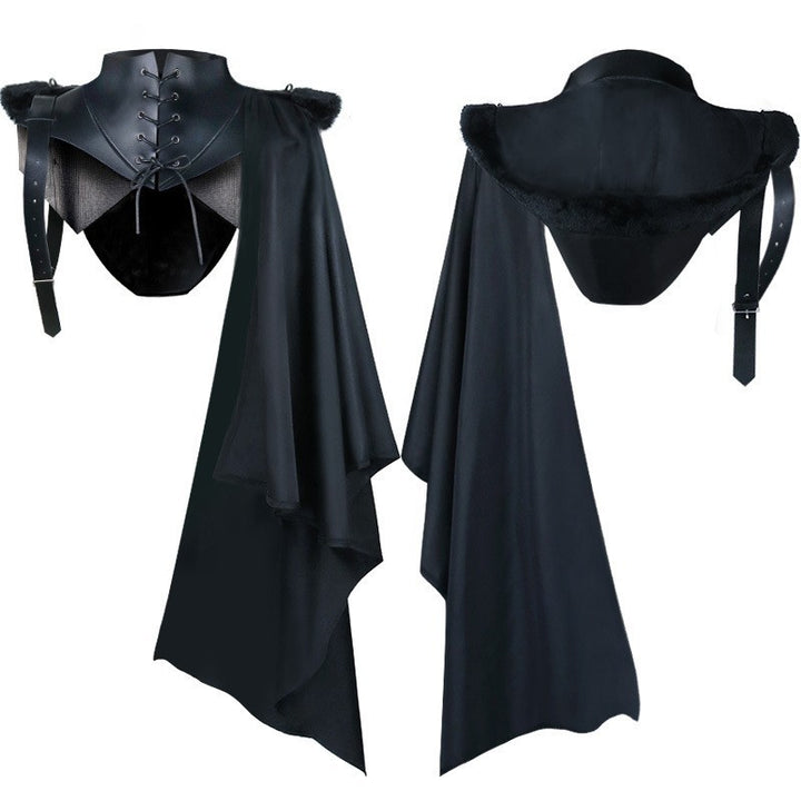 Unisex cape with shoulder plates, laced collar, faux fur trim, adjustable leather straps, and asymmetric train Mune Fashion