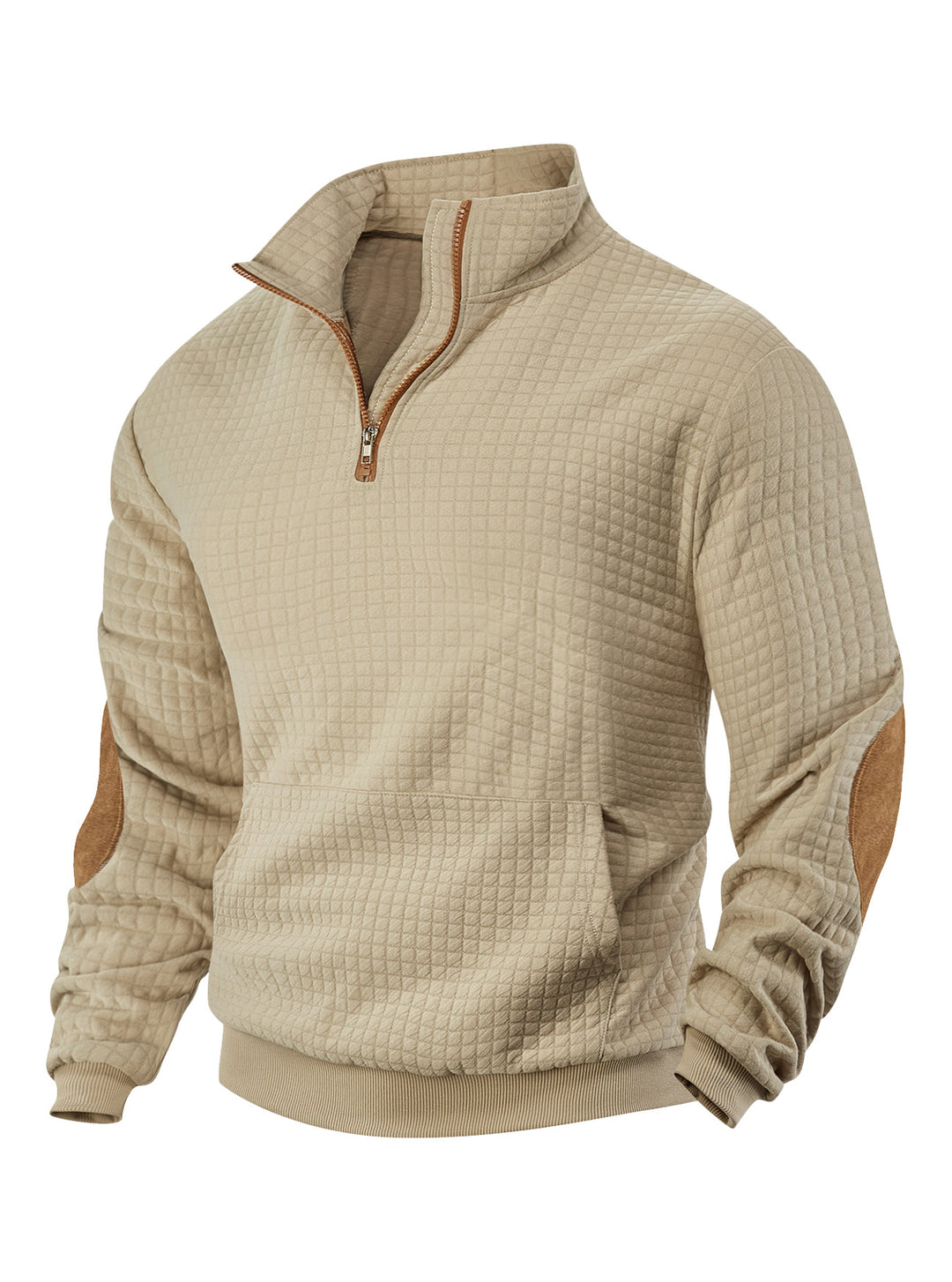 Men's waffle texture half-zip with stand-up collar, kangaroo pocket, and suede look elbow patches Mune Fashion