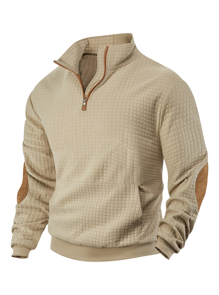Men's waffle texture half-zip with stand-up collar, kangaroo pocket, and suede look elbow patches Mune Fashion