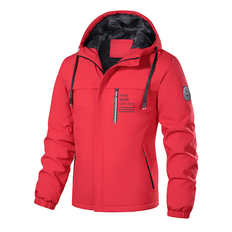 Men's Weatherproof Hooded Jacket with Warming Teddy Fleece Lining and Concealed Front Zipper Mune Fashion