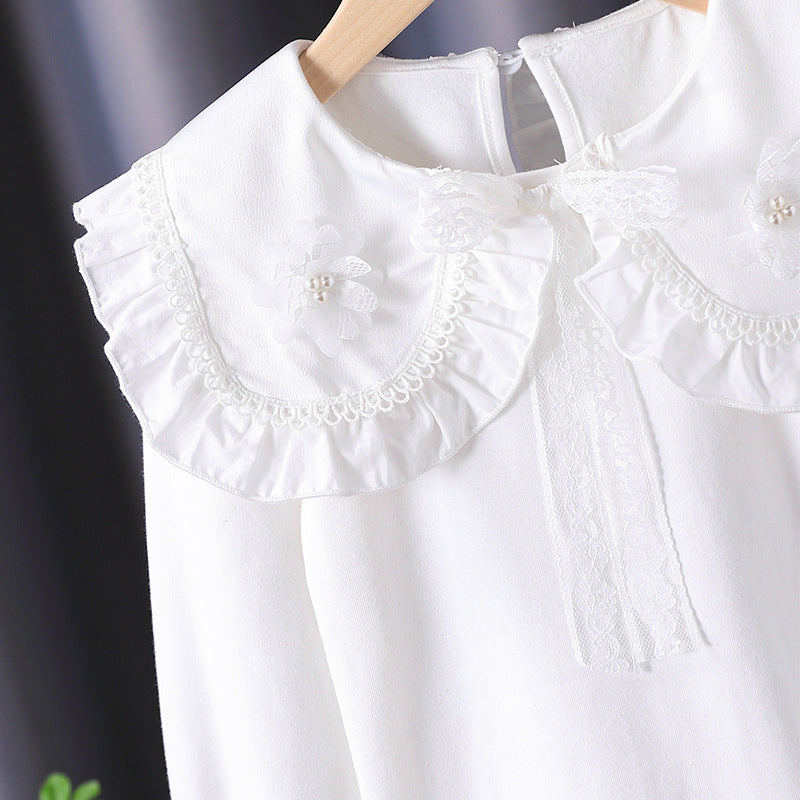 Girl blouse with ruffled collar and fine flower appliqués Mune Fashion