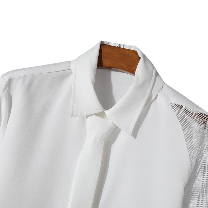 Women’s flowing blouse with attached bow, concealed button placket, and one-sided mesh sleeve detail Mune Fashion