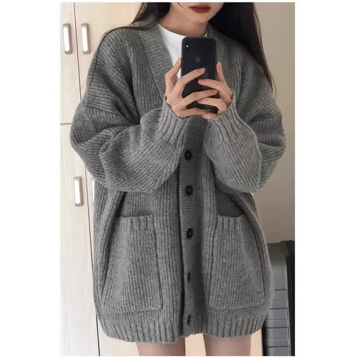 Women Oversized Knit Cardigan with Patch Pockets and Continuous Button Placket Mune Fashion