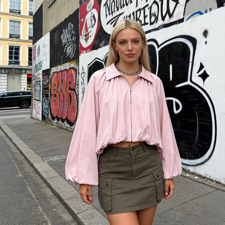 Women's Short Oversized Bomber Jacket with Voluminous Sleeves and Elastic Mune Fashion