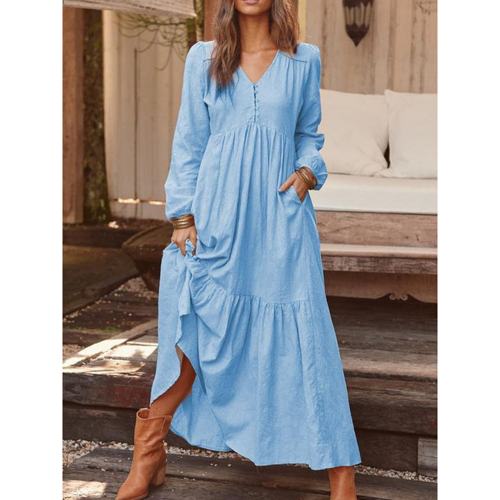 Ladies Long Tiered Dress made of Linen Blend with V-Neck and Side Pockets Mune Fashion