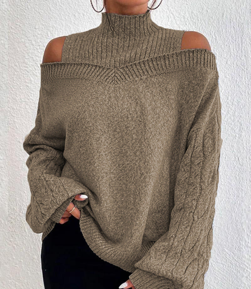 Women's off-the-shoulder knitted pullover with stand-up collar and cable-knit sleeves Mune Fashion
