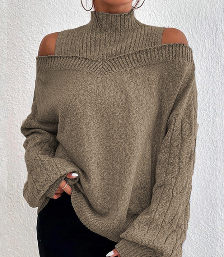 Women's off-the-shoulder knitted pullover with stand-up collar and cable-knit sleeves Mune Fashion