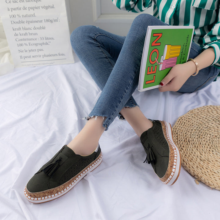 Women's Nano Perforated Slip-On Sneakers with Tassels, Cork Platform, and Decorative Hand Stitching Mune Fashion