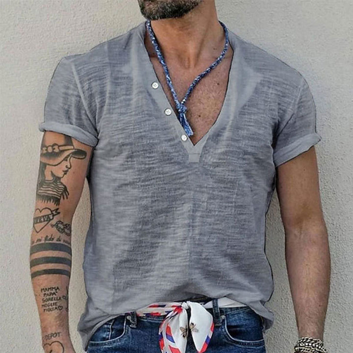 Men's short sleeve Henley style shirt made of slub cotton jersey with short button placket Mune Fashion