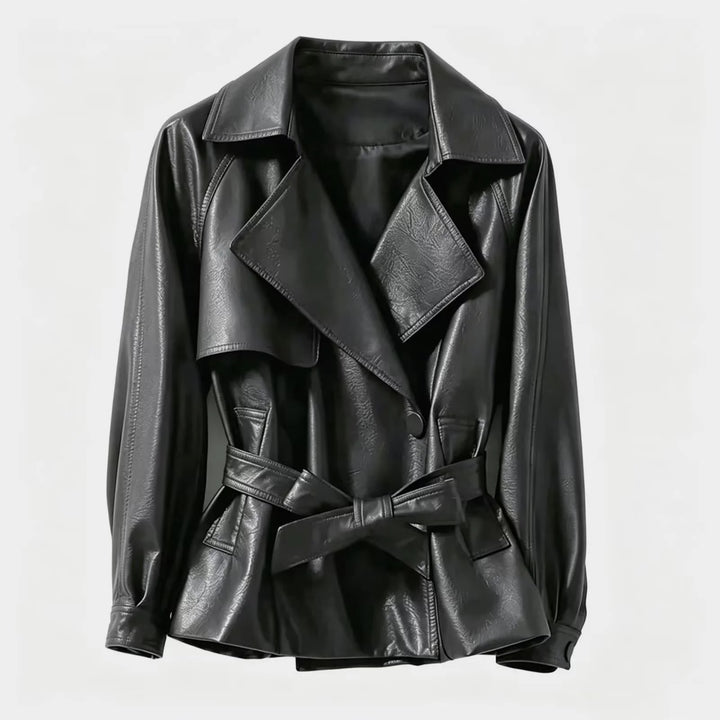 Women's tailored trench coat made of vegan leather imitation with wide lapels and tie belt Mune Fashion