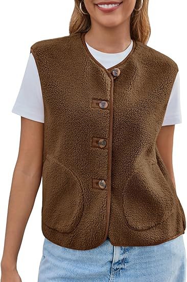 Women's Teddy Fleece Vest with Round Neckline and Button Closure Mune Fashion