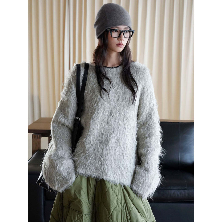 Women's Fluffy Oversize Sweater in Mohair Look with Wide V-Neck Dress