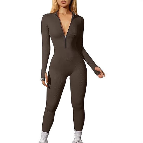 Women's nano figure-hugging rib jumpsuit with high neckline, long sleeves and sculpting seam structure Mune Fashion