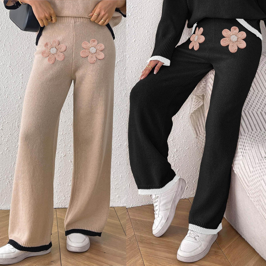 Women's comfortable knit pants with floral appliqué design Mune Fashion