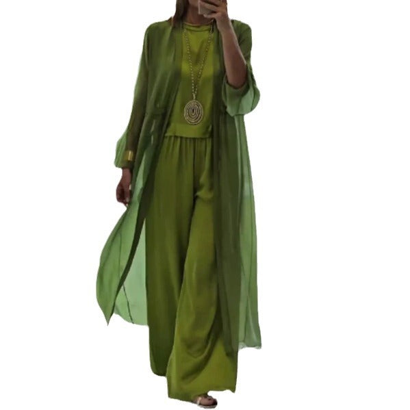 Ladies' elegant chiffon two-piece set with wide-cut palazzo pants and long kimono overlay Mune Fashion