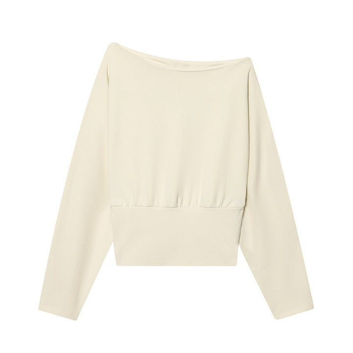 Women's Off-Shoulder Cropped Sweatshirt with Wide Boat Neck and Waistband Mune Fashion