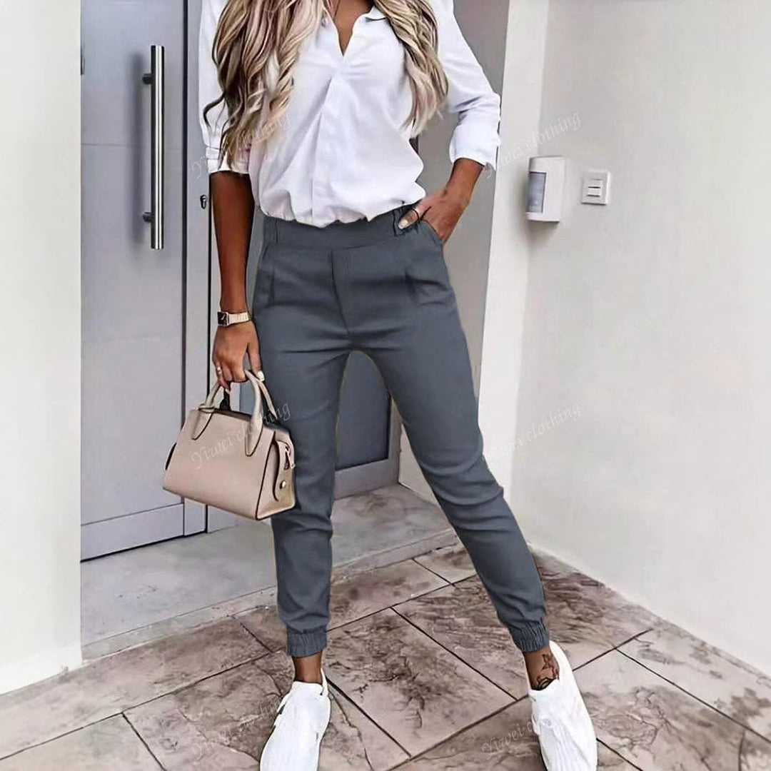 Women Slim-Fit Chino Joggers with High Waist and Elastic Cuffs