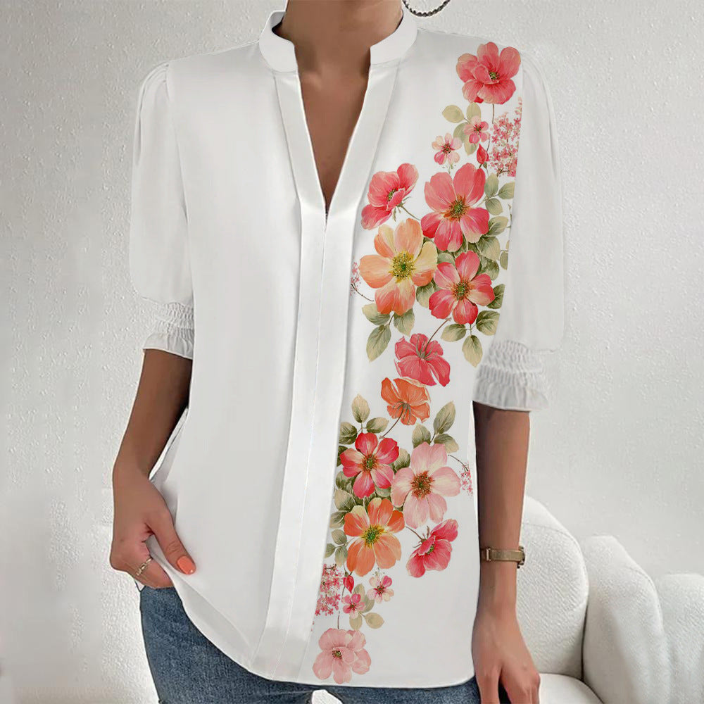 Women Floral Print Tunic Blouse with Stand Collar, Slit V-Placket and Gathered 3/4 Sleeves Mune Fashion