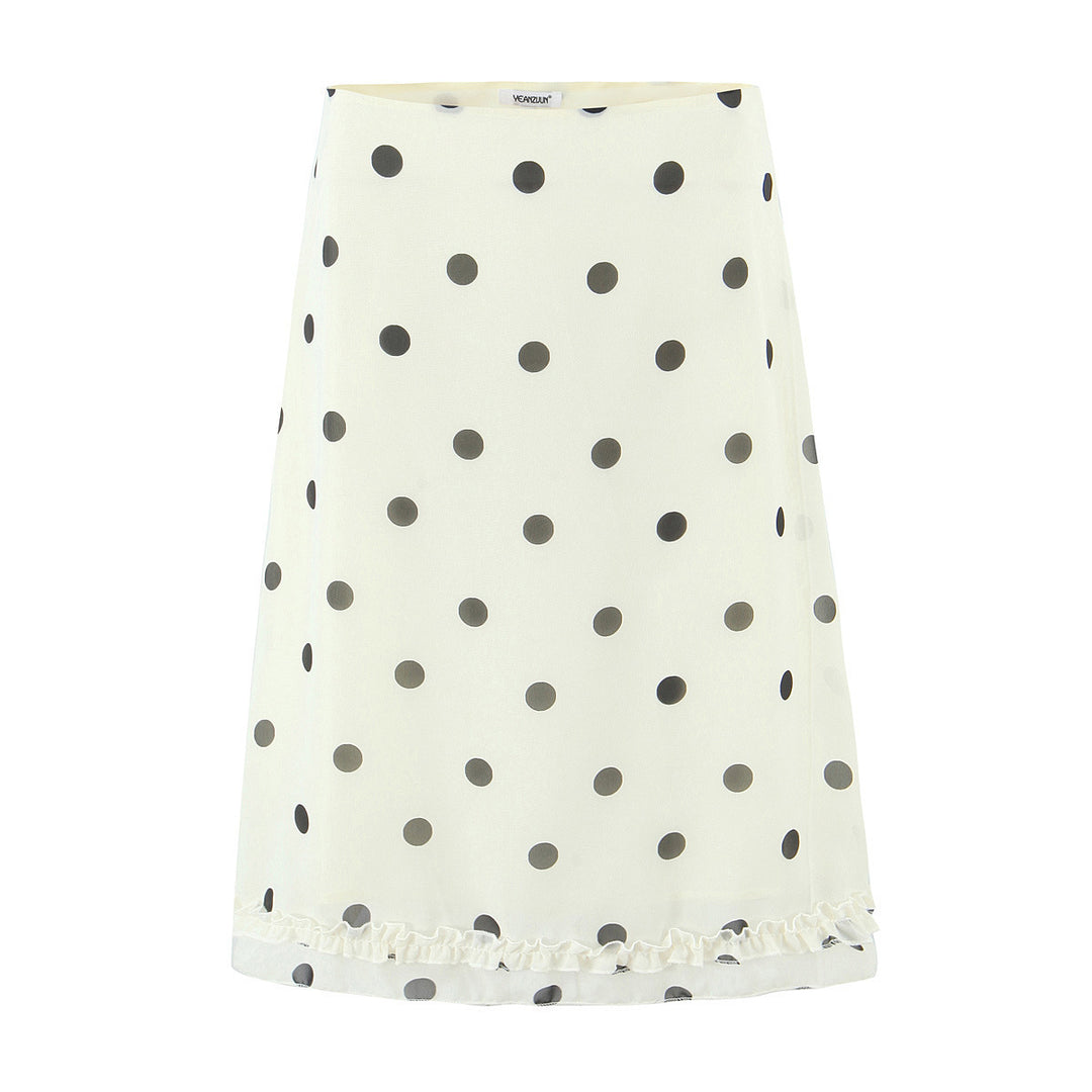 Women's midi skirt made of flowing chiffon with polka dots and ruffle trim Mune Fashion