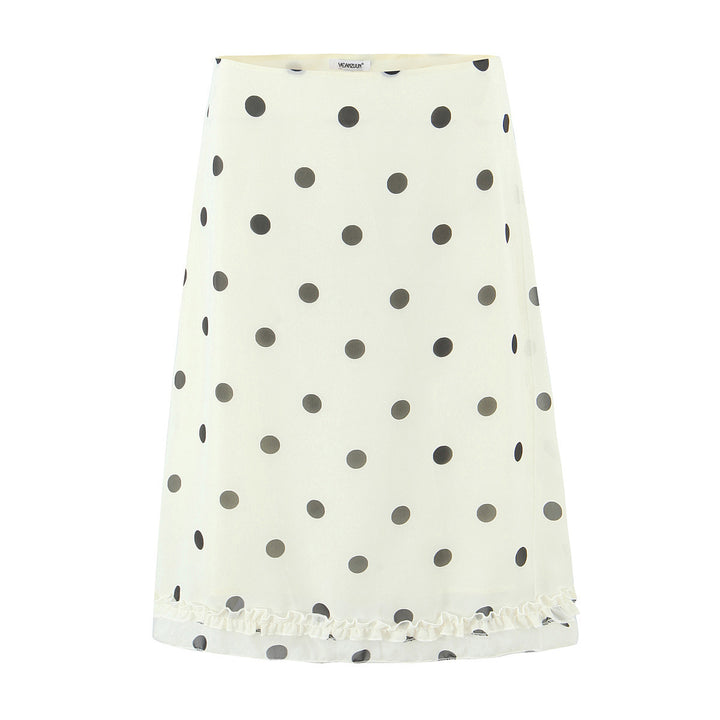 Women's midi skirt made of flowing chiffon with polka dots and ruffle trim Mune Fashion