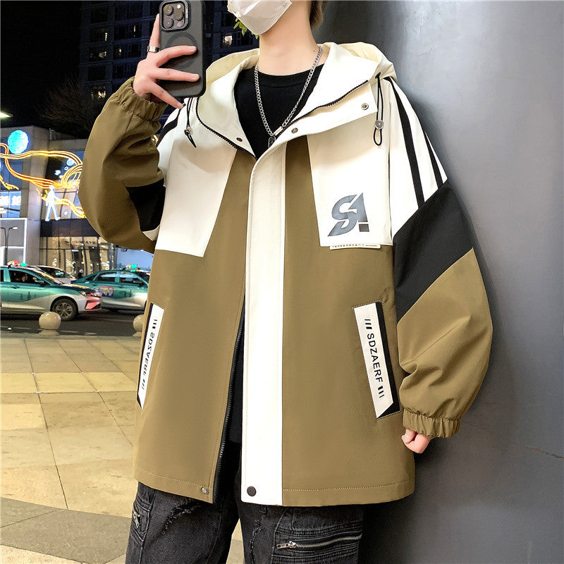 Men's Oversized Windbreaker with Hood, Sporty Front Print and Contrast Panels Mune Fashion