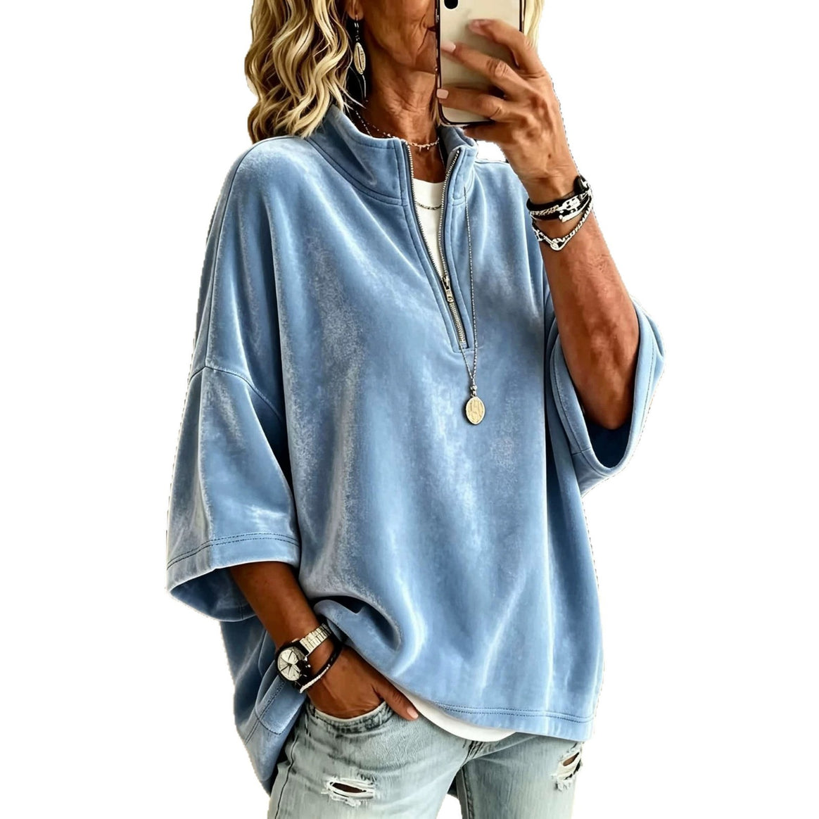 Women's Oversize Velvet Sweater with Short Zipper and Stand-Up Collar Mune Fashion