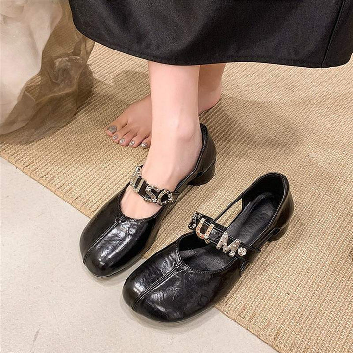 Women's Mary Jane ballet flats with decorative strap, rounded toe area and low block heel Mune Fashion