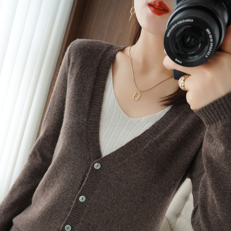 Ladies Light V-Neck Cardigan made of Cashmere Mix with Fine Rib Edge Mune Fashion