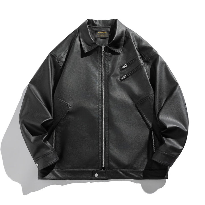 Men's short-cut boxy faux leather jacket with high collar and zipper chest pockets Mune Fashion