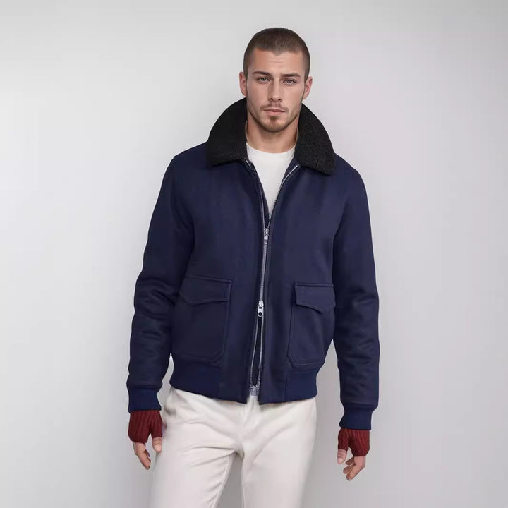 Men's pilot jacket in pilot style with teddy collar, two-way zipper and patch flap pockets Mune Fashion