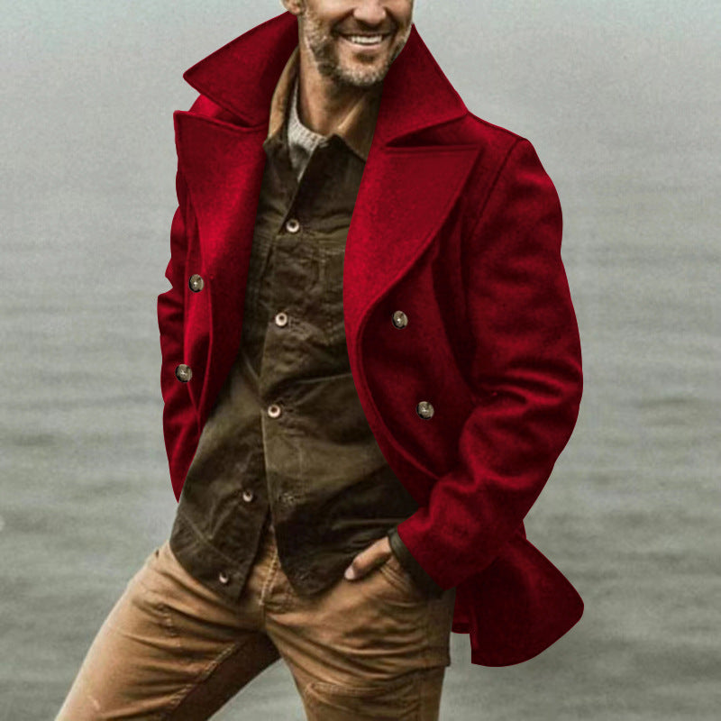 Men's short coat in marine style made of wool blend with double button placket and large lapel Mune Fashion