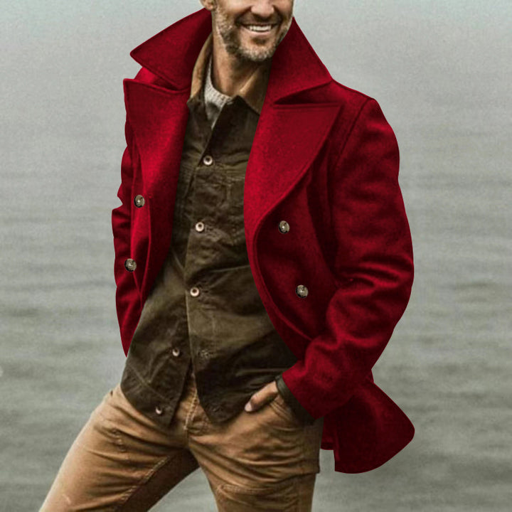 Men's short coat in marine style made of wool blend with double button placket and large lapel Mune Fashion